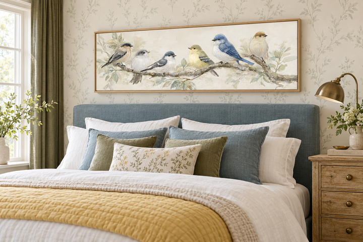 Oiseaux sur une branche - Tableau panoramique horizontal sur toile, tons neutres, nature