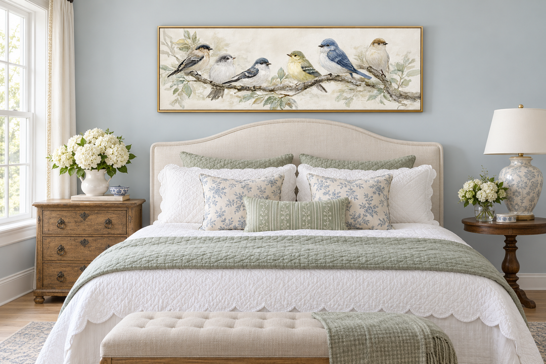 Oiseaux sur une branche - Tableau panoramique horizontal sur toile, tons neutres, nature