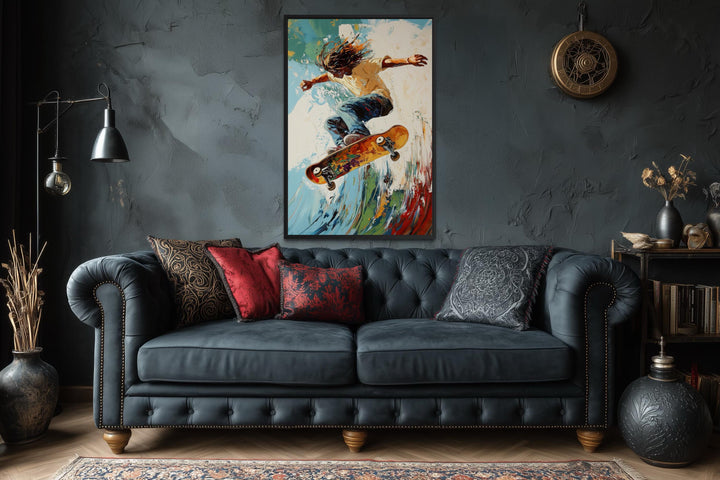 Skateboarder Wall Art Framed Canvas – Action Sports Decor | Colorful Wall Art for Men