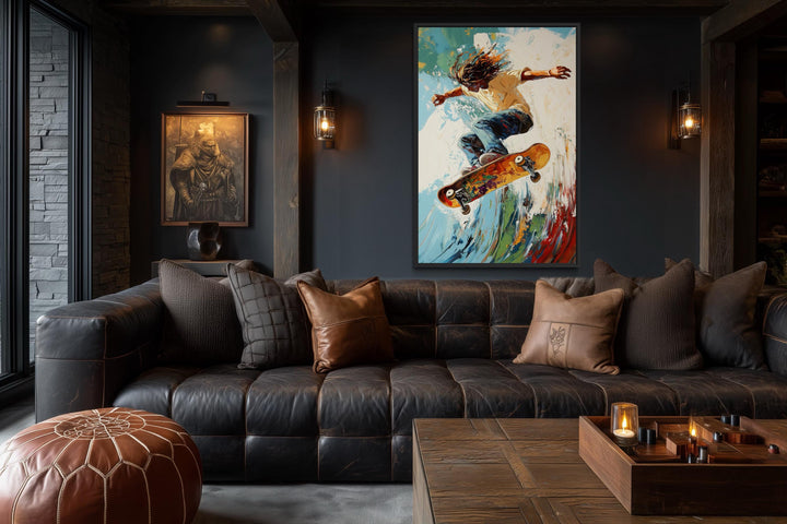 Skateboarder Wall Art Framed Canvas – Action Sports Decor | Colorful Wall Art for Men