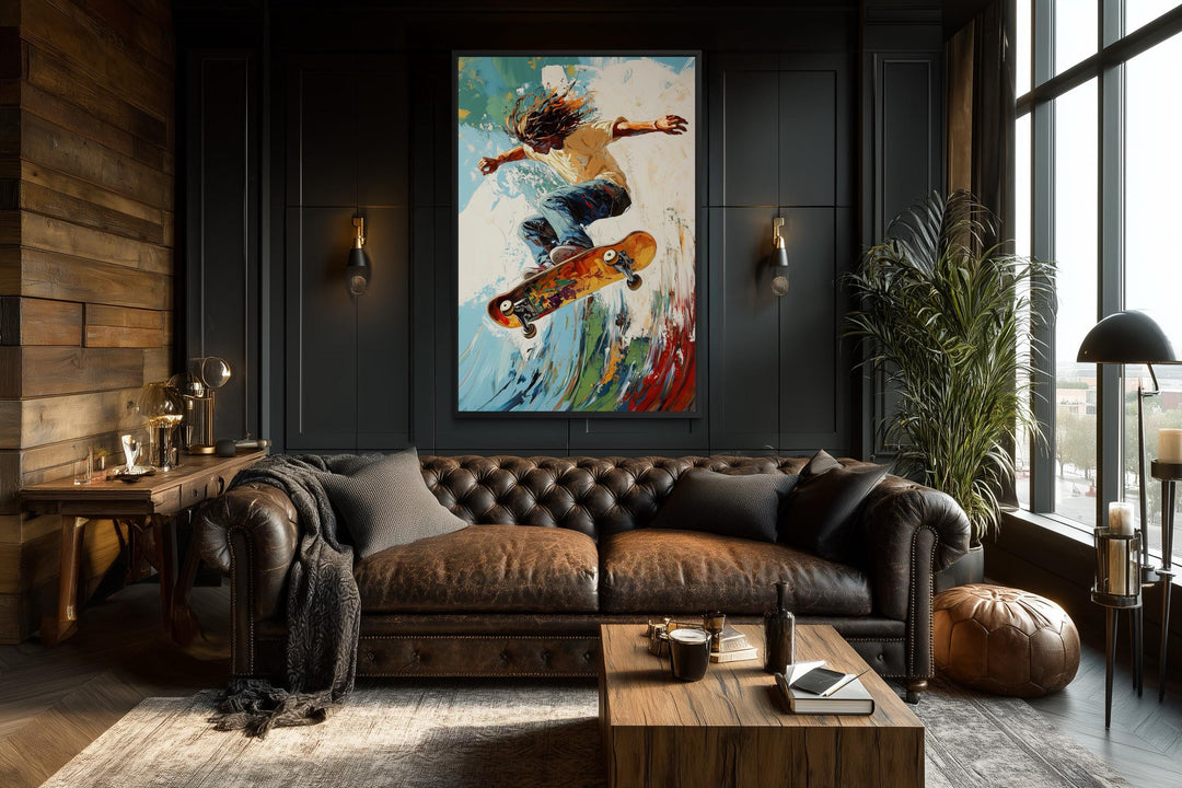 Skateboarder Wall Art Framed Canvas – Action Sports Decor | Colorful Wall Art for Men