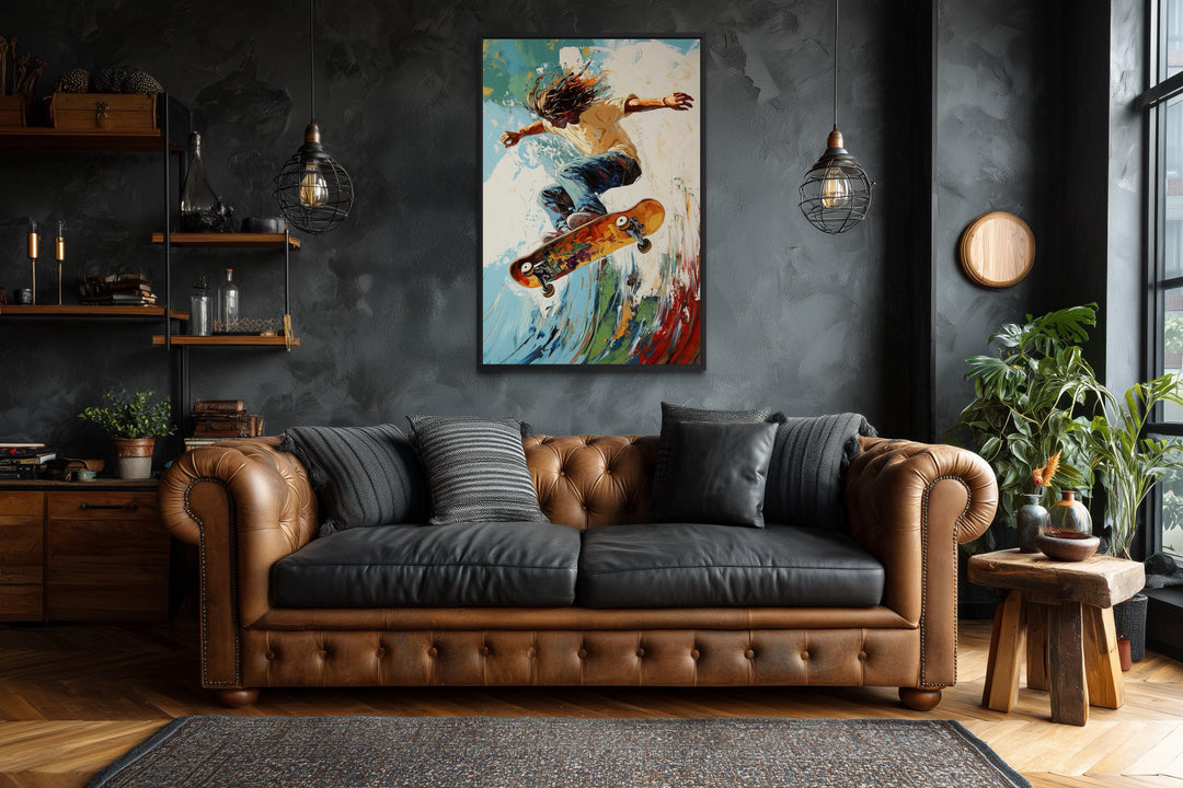Skateboarder Wall Art Framed Canvas – Action Sports Decor | Colorful Wall Art for Men