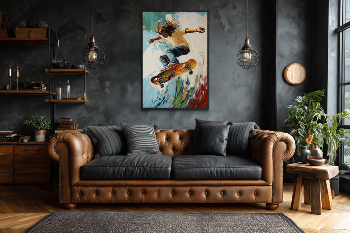Skateboarder Wall Art Framed Canvas – Action Sports Decor | Colorful Wall Art for Men