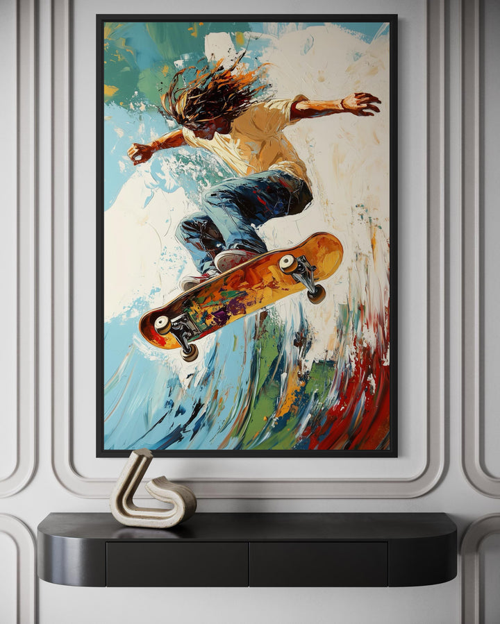 Skateboarder Wall Art Framed Canvas – Action Sports Decor | Colorful Wall Art for Men
