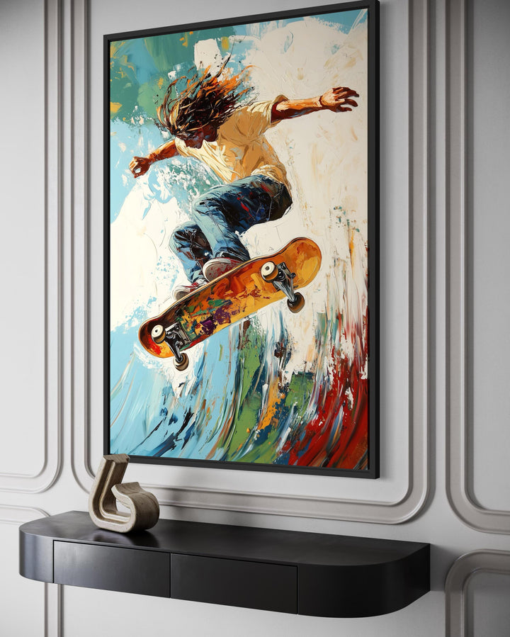 Skateboarder Wall Art Framed Canvas – Action Sports Decor | Colorful Wall Art for Men