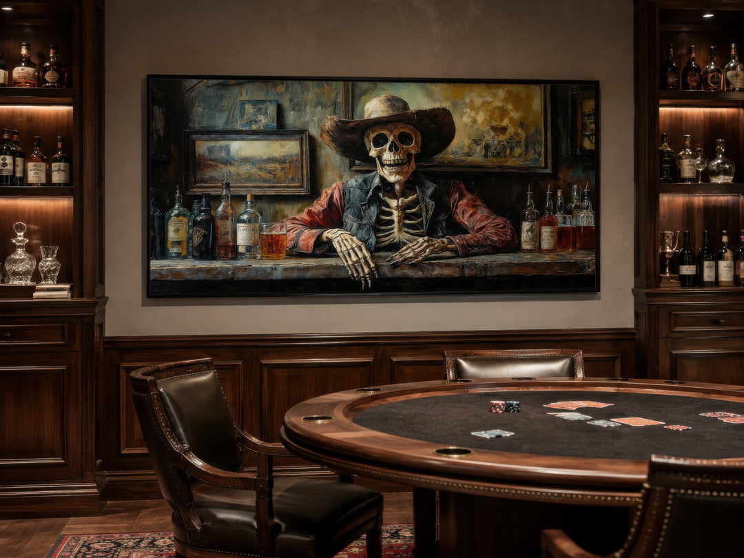 Skeleton cowboy barman framed canvas wall art hanging in a rustic home bar with a poker table.