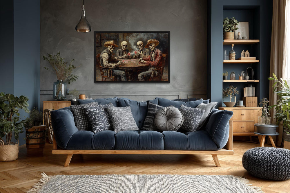 Skeleton Cowboys Playing Poker canvas wall art depicts four skeletal cowboys playing cards.