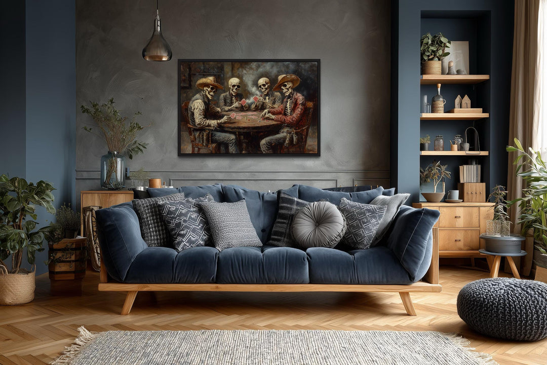 Skeleton Cowboys Playing Poker canvas wall art depicts four skeletal cowboys playing cards.