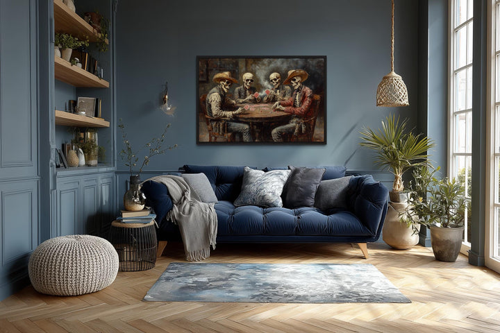 Skeleton cowboys playing poker on canvas wall art.
