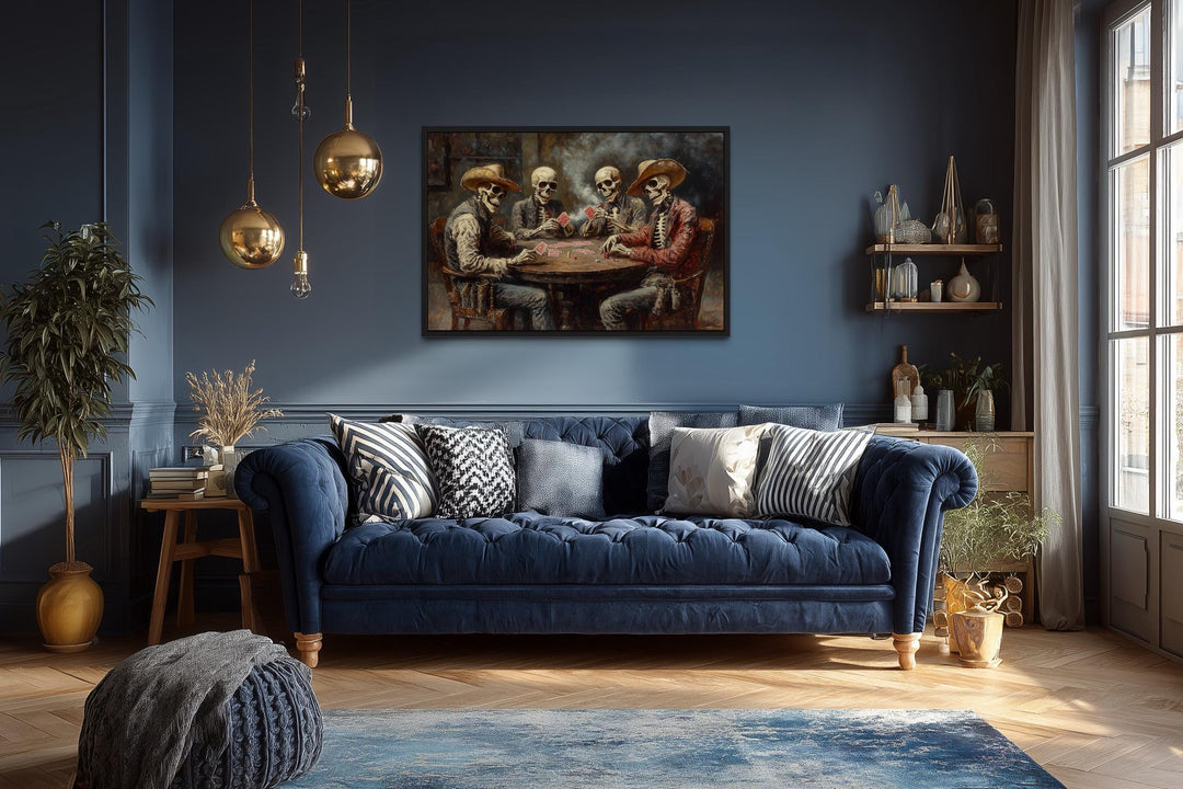 Skeleton Cowboys Playing Poker canvas wall art depicts four skeletal cowboys playing cards.