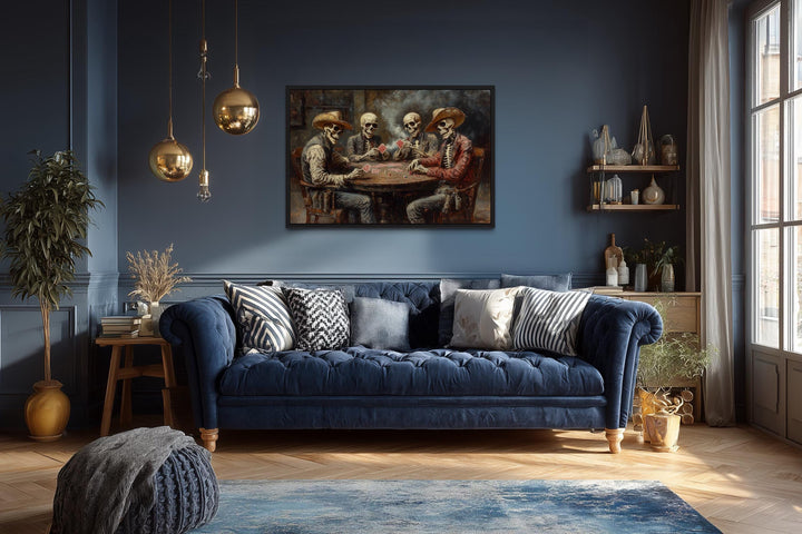 Skeleton Cowboys Playing Poker canvas wall art depicts four skeletal cowboys playing cards.