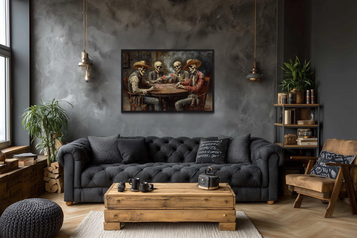 Skeleton cowboys playing poker on canvas wall art.