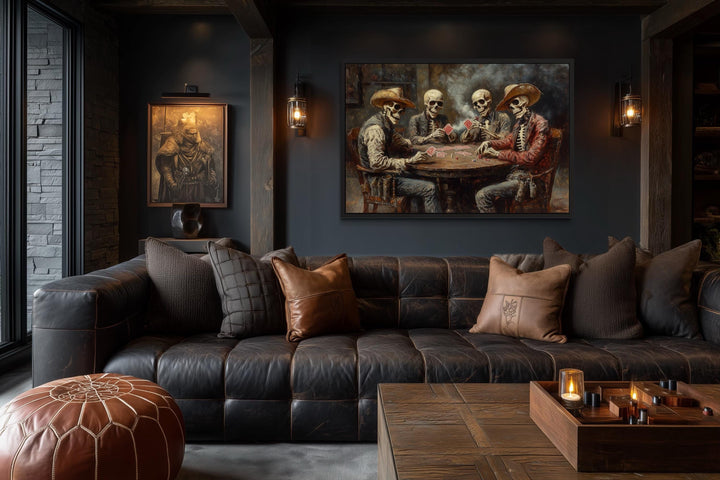 Skeleton cowboys playing poker on canvas wall art.