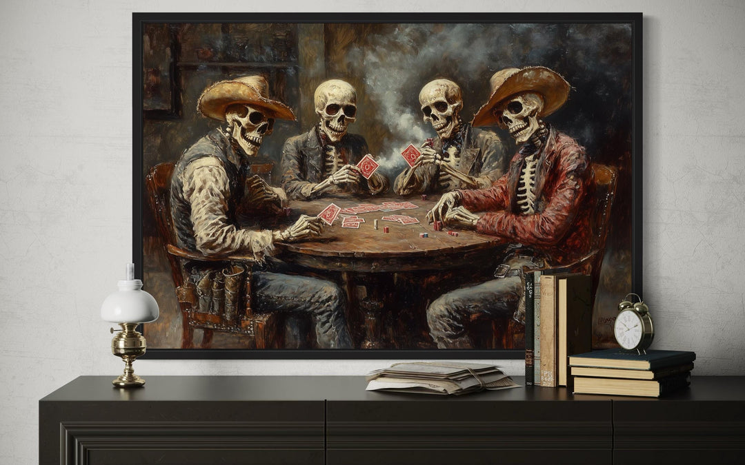 Skeleton cowboys playing poker on canvas wall art.