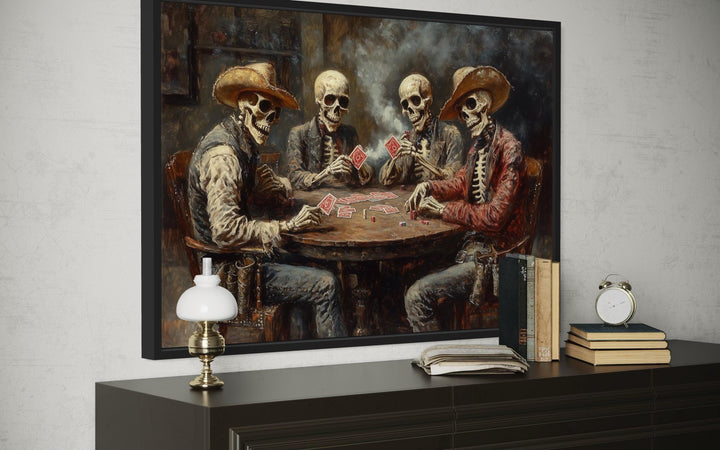 Skeleton cowboys playing poker on canvas wall art.