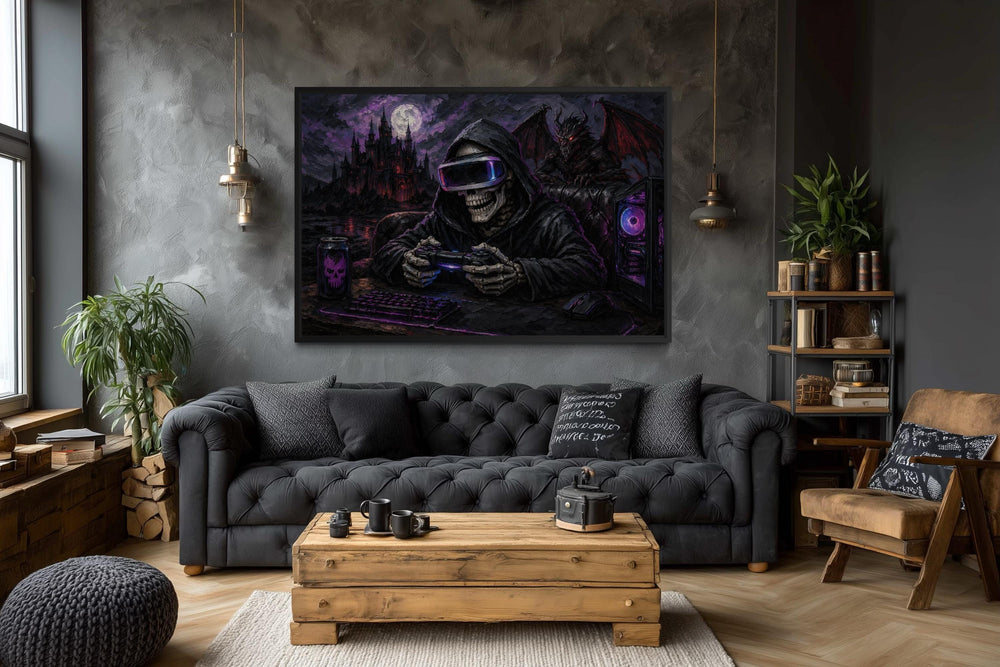 Skeleton gamer dark gothic canvas wall art hanging in a modern living room.