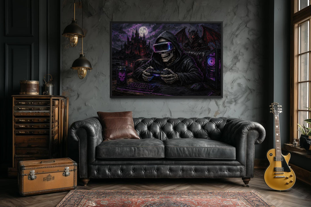 Skeleton gamer dark gothic canvas wall art hanging above a black leather sofa in a moody room.