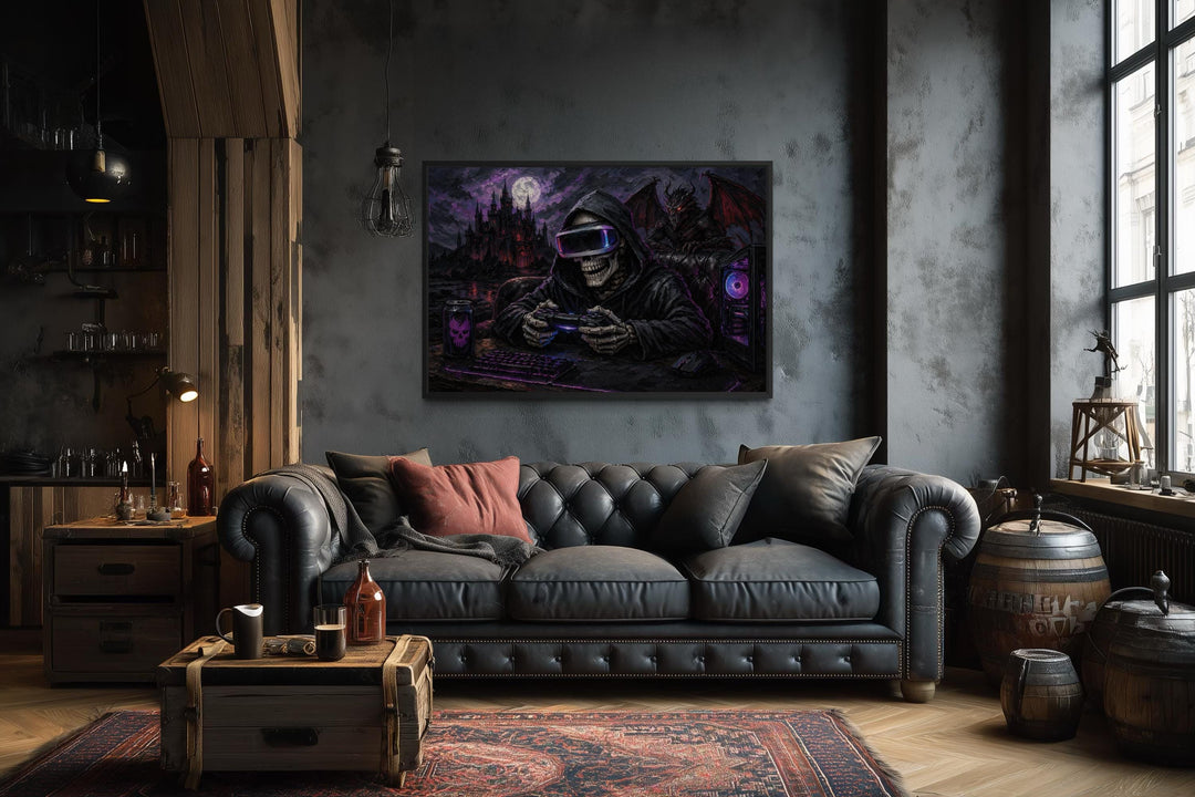 Skeleton gamer dark gothic canvas wall art hanging in a moody, industrial-style living room.