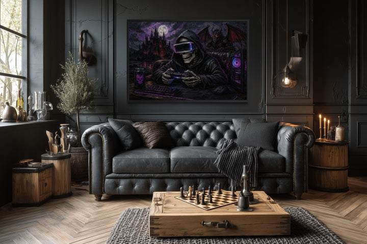 Skeleton gamer dark gothic canvas wall art hanging in a moody, modern living room.