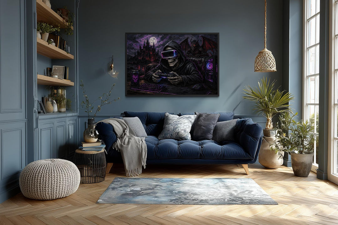 Skeleton gamer dark gothic canvas wall art hanging in a modern living room.