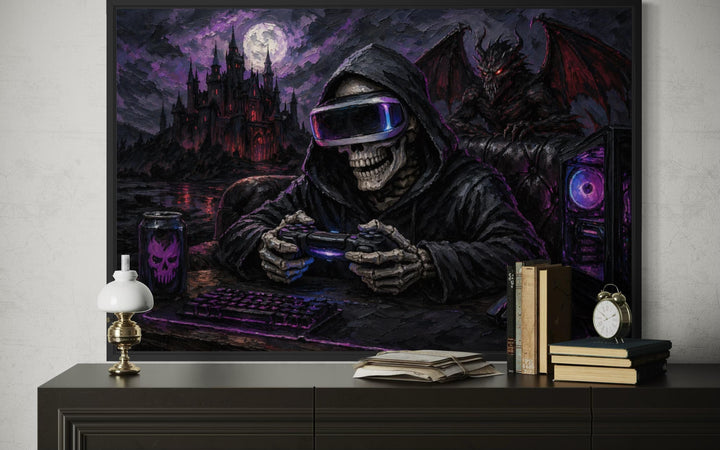 Dark gothic canvas wall art of a skeleton gamer in a hooded cloak playing video games.