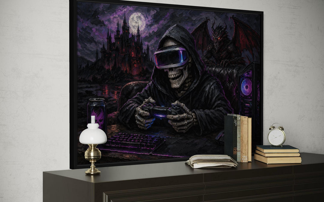 Skeleton Gamer Dark Gothic Canvas Wall Art in a black frame above a dark wood dresser.