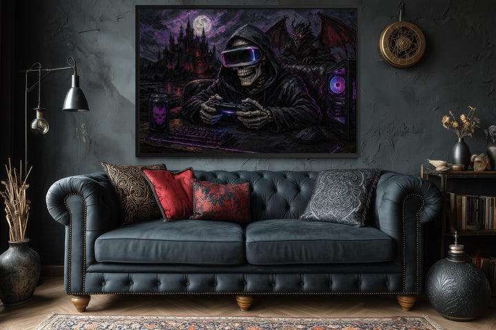 Skeleton gamer dark gothic canvas wall art displayed above a black sofa in a moody room.