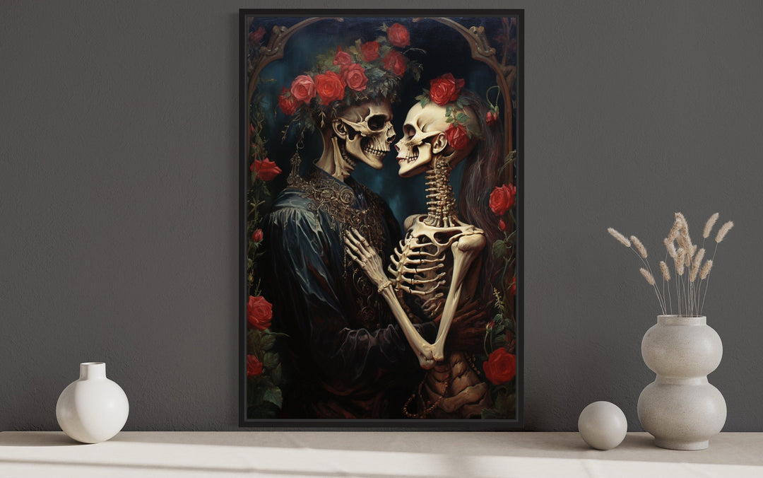 Skeleton Lovers In Flowers Romantic Gothic Framed Canvas Wall Art