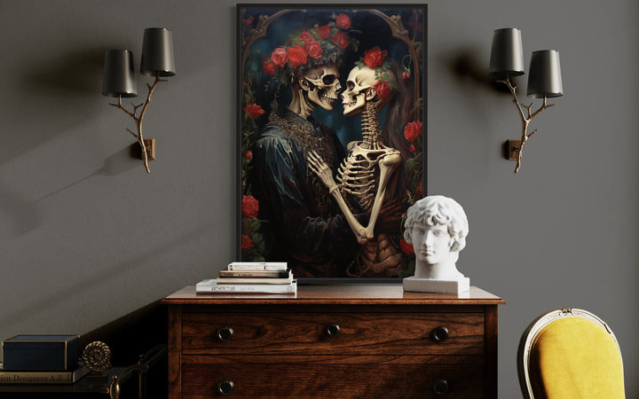 Skeleton Lovers In Flowers Romantic Gothic Framed Canvas Wall Art