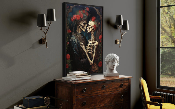 Skeleton Lovers In Flowers Romantic Gothic Framed Canvas Wall Art