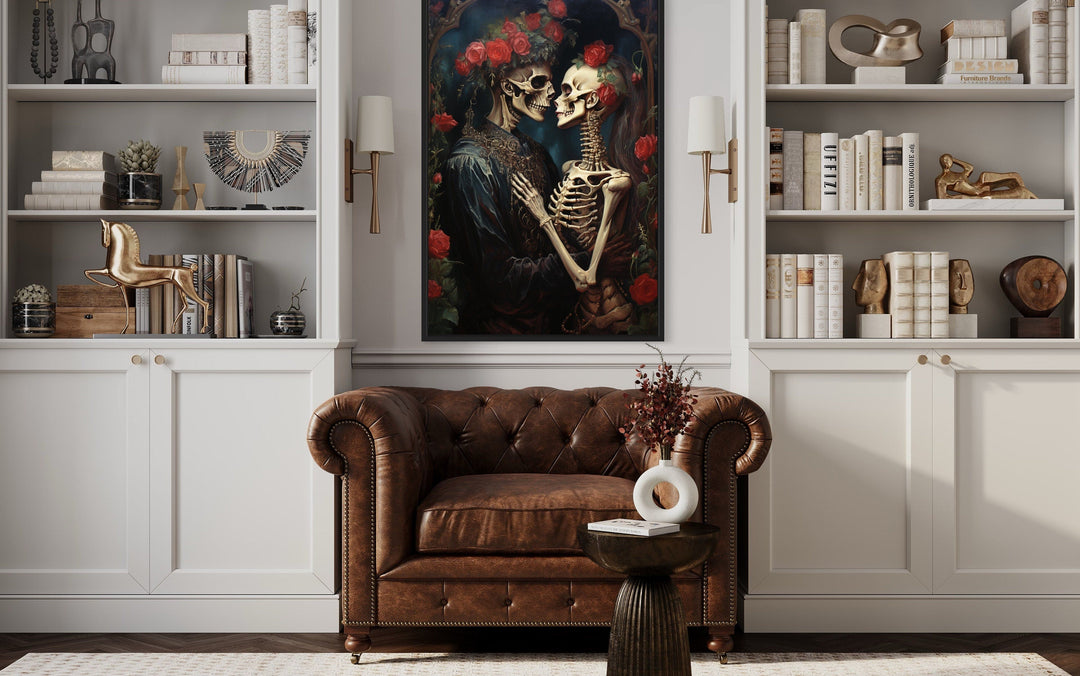 Skeleton Lovers In Flowers Romantic Gothic Framed Canvas Wall Art