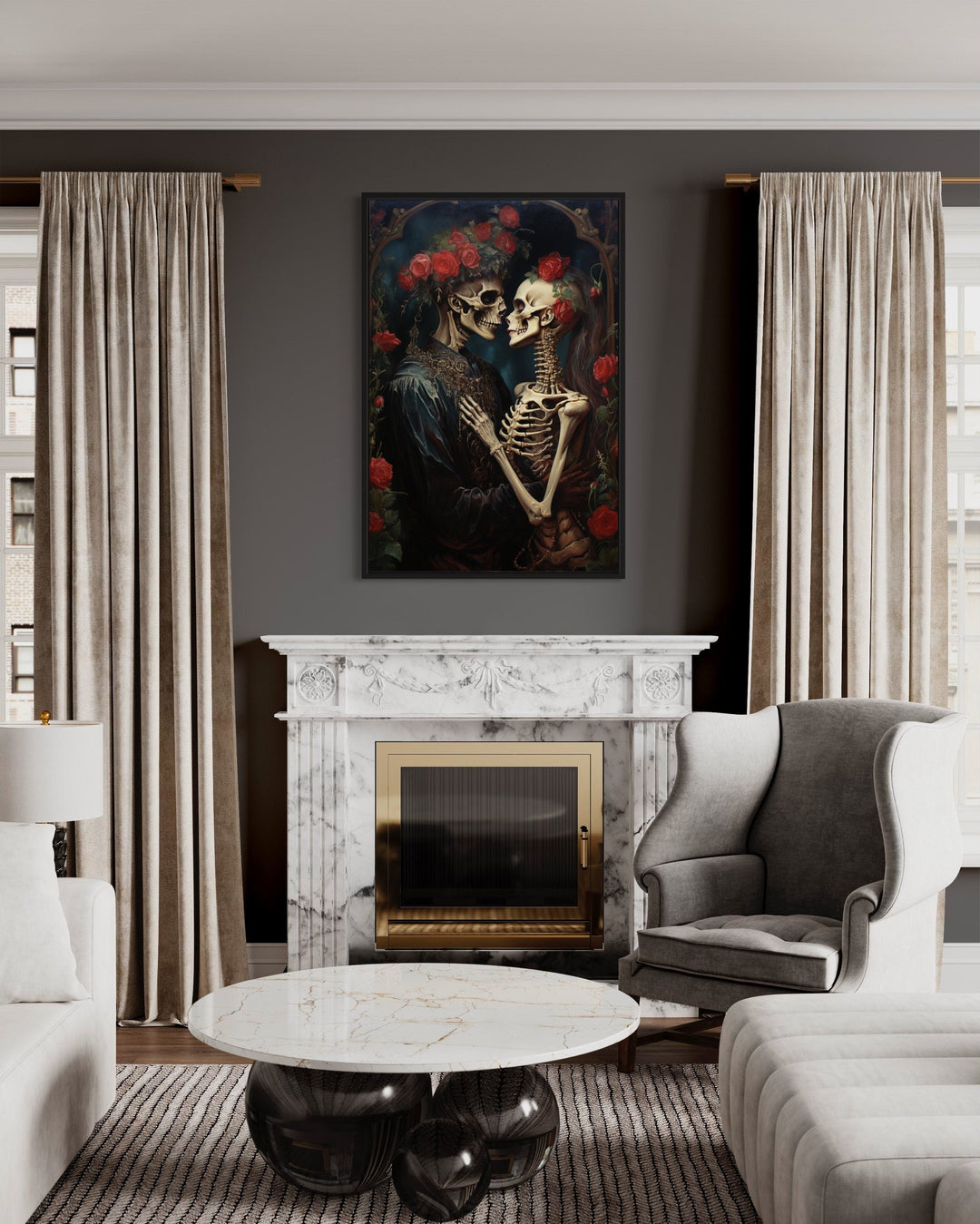 Skeleton Lovers In Flowers Romantic Gothic Framed Canvas Wall Art