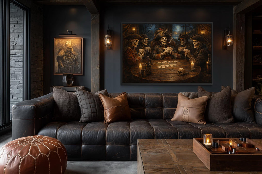 Skeleton Pirates wall art featuring skeletal buccaneers playing cards in a gothic tavern setting.