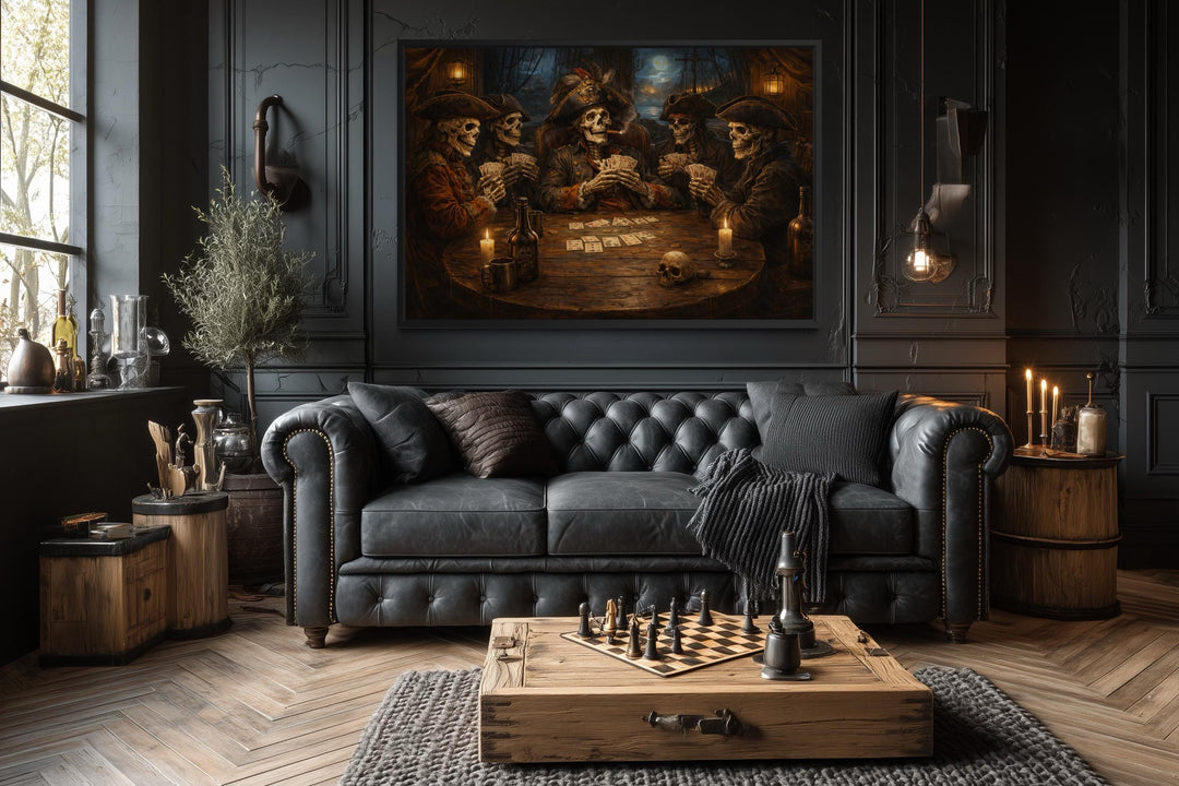 Skeleton Pirates wall art featuring skeletal buccaneers playing cards in a gothic tavern setting.