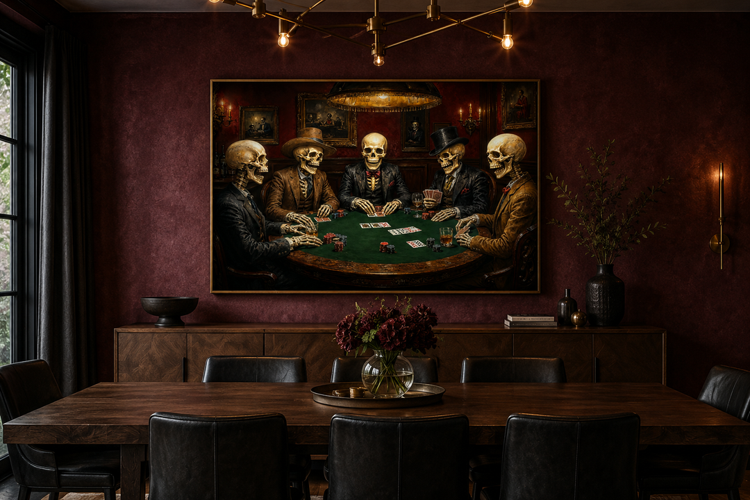 Gothic skeleton poker wall art hanging in a dark red dining room above a wooden sideboard.