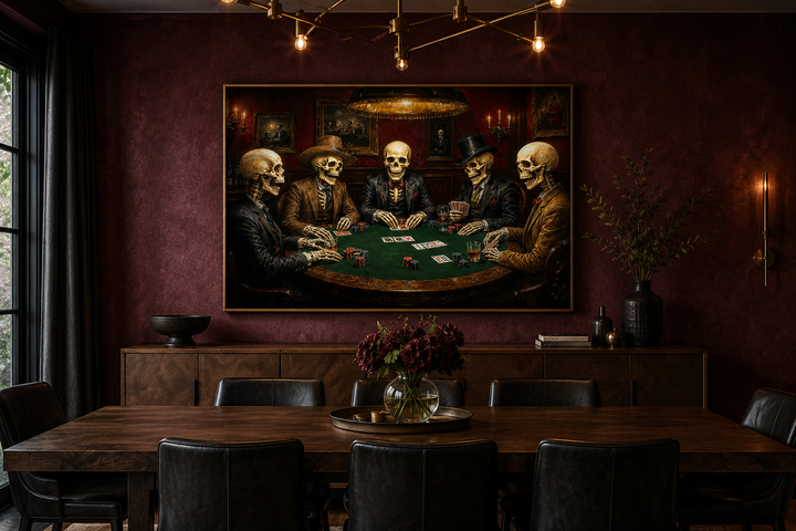 Gothic skeleton poker wall art hanging in a dark red dining room above a wooden sideboard.
