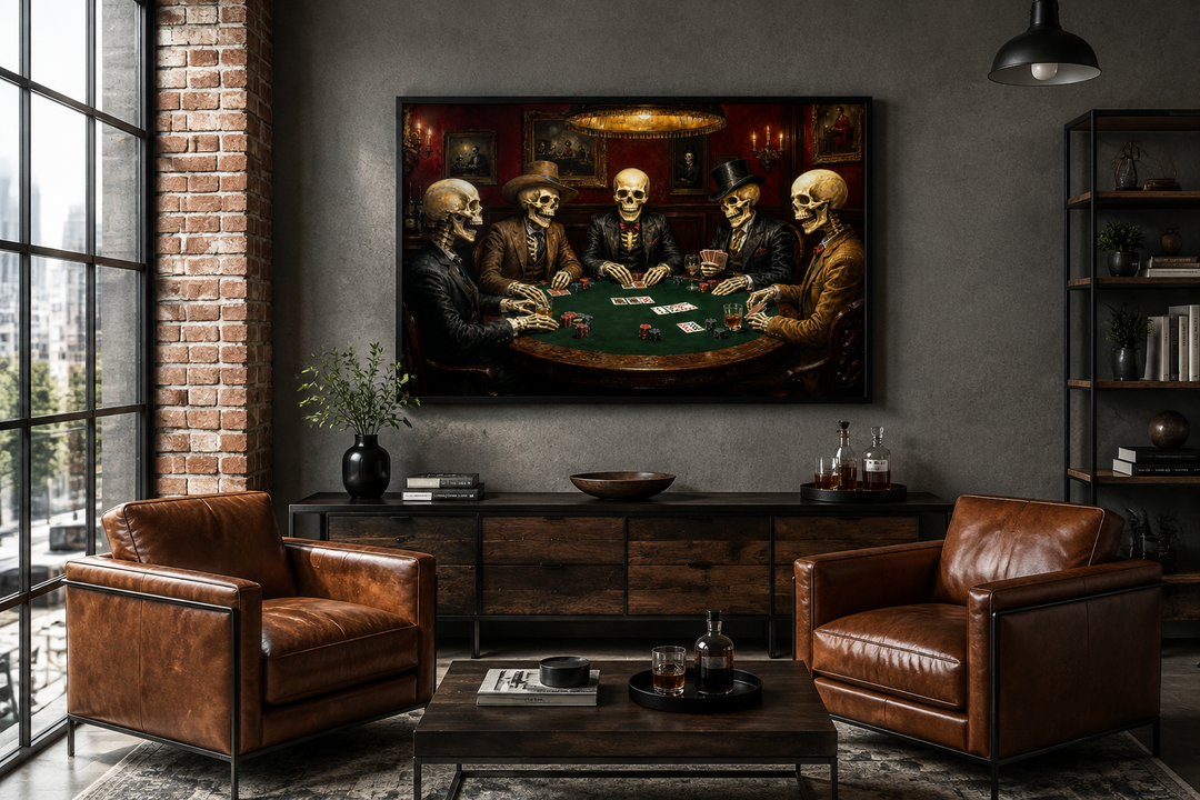 Skeleton poker canvas wall art in a modern living room with leather chairs and industrial decor.