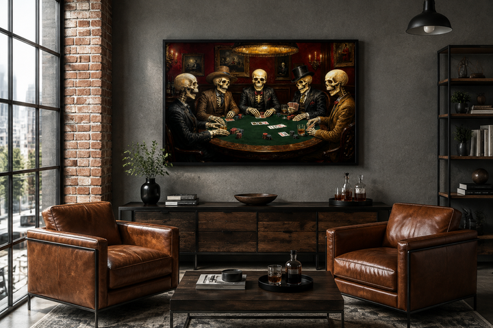 Skeleton poker canvas wall art in a modern living room with leather chairs and industrial decor.