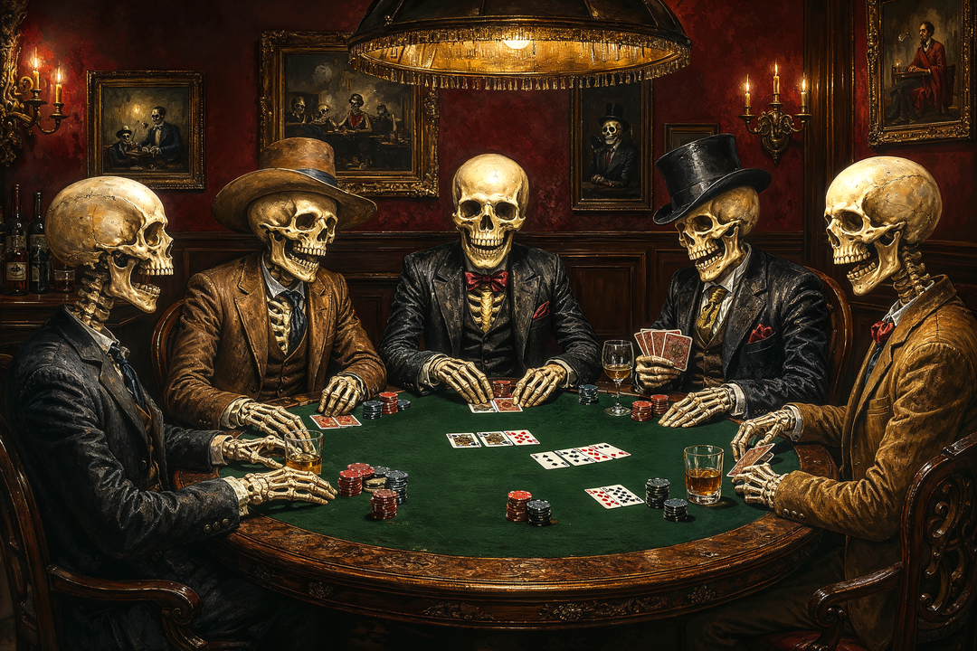 Gothic wall art of five skeletons in suits playing poker around a green felt table in a dark room.