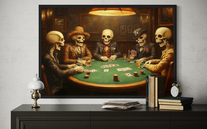 Skeleton Poker Wall Art – Gothic Skull Canvas for Men’s Game Room Decor