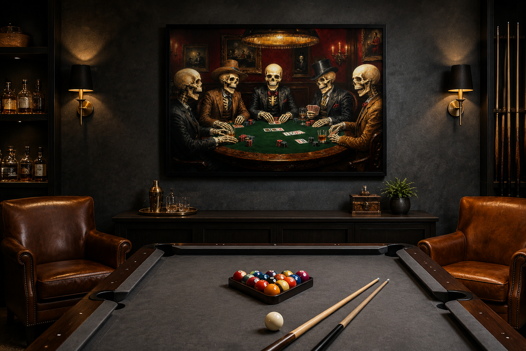 Skeleton Poker Wall Art canvas in a dark game room above a pool table and leather armchairs.