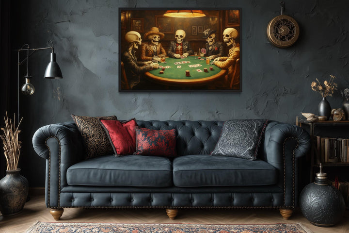 Skeleton Poker Wall Art – Gothic Skull Canvas for Men’s Game Room Decor