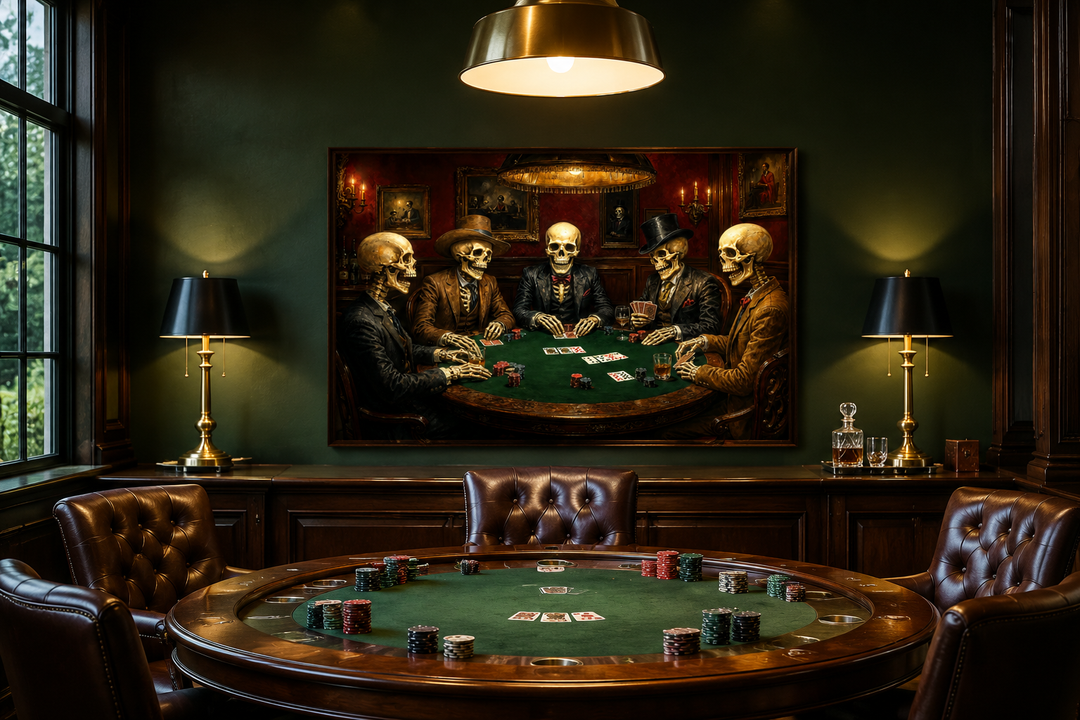 Skeleton poker wall art canvas hanging in a dark green game room above a round poker table.