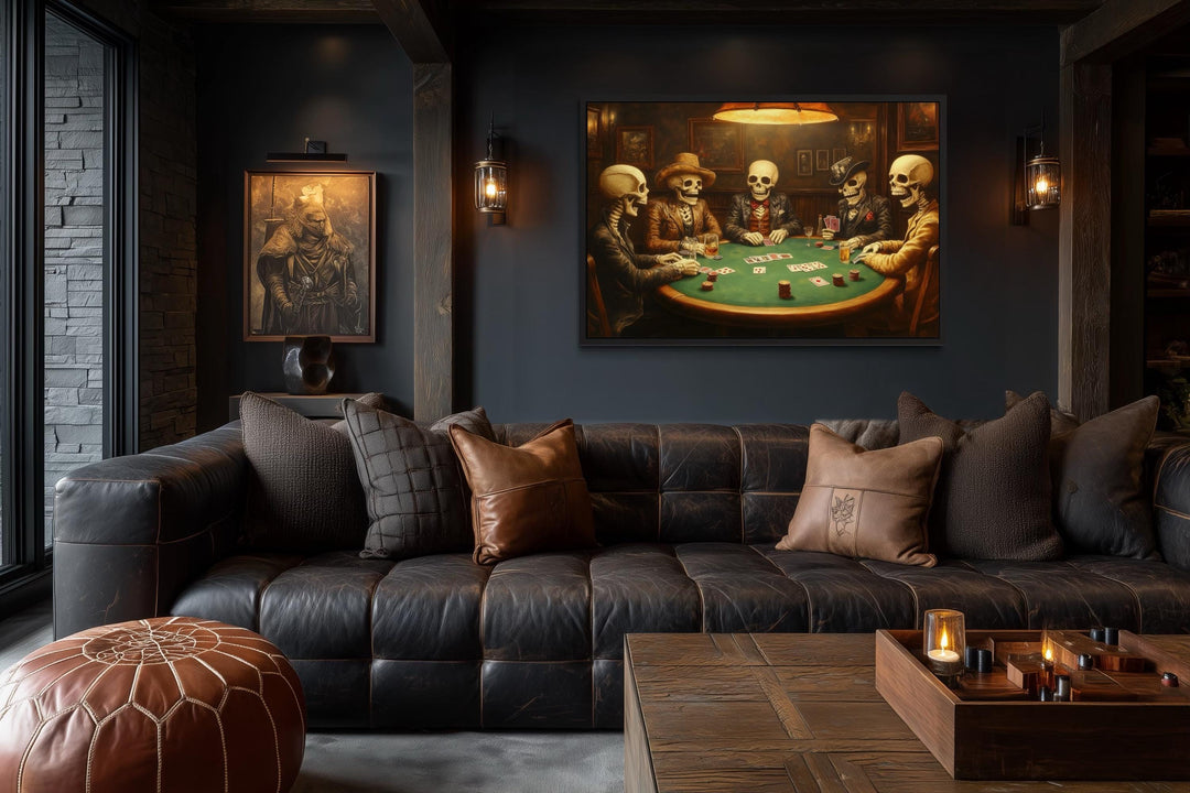 Skeleton Poker Wall Art – Gothic Skull Canvas for Men’s Game Room Decor