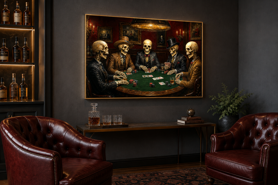 Skeleton poker wall art in a dark game room with leather chairs and a whiskey bar.