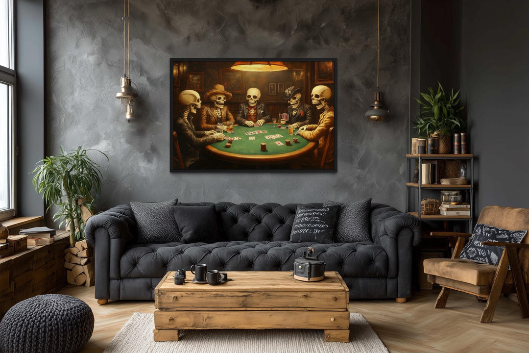 Skeleton Poker Wall Art – Gothic Skull Canvas for Men’s Game Room Decor