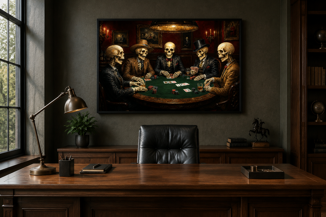 Skeleton Poker Wall Art canvas print hanging in a dark, masculine office above a wooden desk.