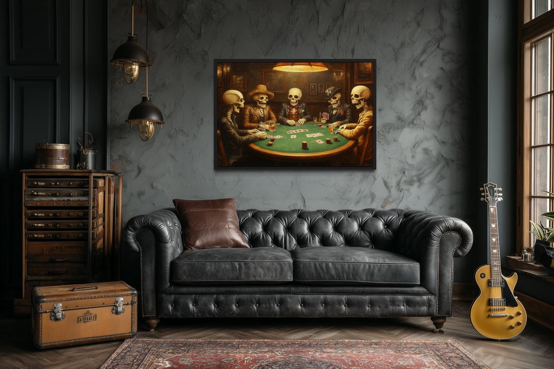 Skeleton Poker Wall Art – Gothic Skull Canvas for Men’s Game Room Decor