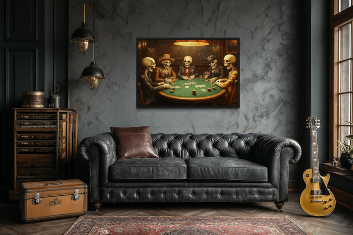 Skeleton Poker Wall Art – Gothic Skull Canvas for Men’s Game Room Decor