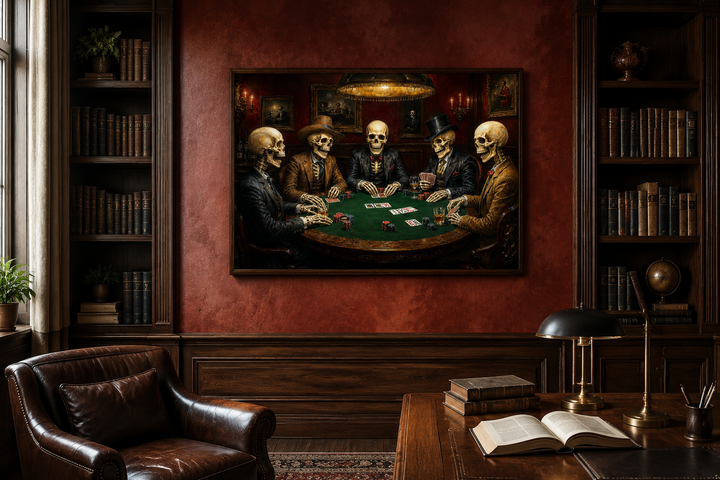 Gothic skeleton poker canvas wall art in a dark wood-paneled room with a leather chair and books.